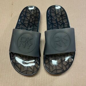 DKNY Women's 9 Circa Tami Logo Detail Jelly Pool Slides Clear/Laser Black NWOT